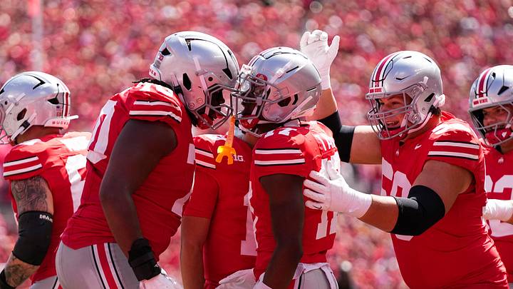 Ohio State Buckeyes wide receiver Carnell Tate (17) celebrates a touchdown catch with offensive lineman Phillip Daniels (70) during the second half of the NCAA football game against the Texas Longhorns at Ohio Stadium on Aug. 30, 2025. Ohio State won 14-7. Ohio State Buckeyes wide receiver Carnell Tate (17) celebrates a touchdown catch with offensive lineman Phillip Daniels (70) during the second half of the NCAA football game against the Texas Longhorns at Ohio Stadium on Aug. 30, 2025. Ohio State won 14-7.