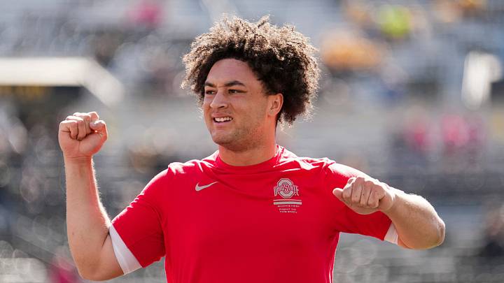Ohio State Buckeyes quarterback Luke Fahey (13) warms up during the NCAA football game against the Iowa Hawkeyes at Kinnick Stadium in Iowa City on Oct. 3, 2026. Ohio State Buckeyes quarterback Luke Fahey (13) warms up during the NCAA football game against the Iowa Hawkeyes at Kinnick Stadium in Iowa City on Oct. 3, 2026.