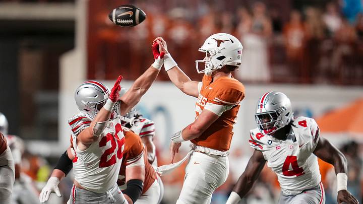 Ohio State Buckeyes linebacker Payton Pierce (26) disrupts a pass attempt by Texas Longhorns quarterback Arch Manning (16) during the NCAA football game at Darrell K Royal–Texas Memorial Stadium in Austin, Texas on Sept. 12, 2026. Texas won 24-23. Ohio State Buckeyes linebacker Payton Pierce (26) disrupts a pass attempt by Texas Longhorns quarterback Arch Manning (16) during the NCAA football game at Darrell K Royal–Texas Memorial Stadium in Austin, Texas on Sept. 12, 2026. Texas won 24-23.