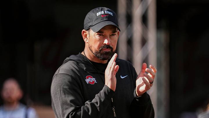 Ohio State Buckeyes head coach Ryan Day leads warm ups prior to the NCAA football game against the Indiana Hoosiers at Memorial Stadium Stadium in Bloomington, Ind. on Oct. 17, 2026.