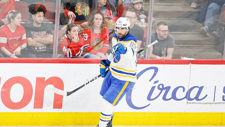 Apr 13, 2026; Chicago, Illinois, USA; Buffalo Sabres right wing Alex Tuch (89) celebrates after scoring a goal against the Chicago Blackhawks during the third period at United Center. Mandatory Credit: Kamil Krzaczynski-Imagn Images