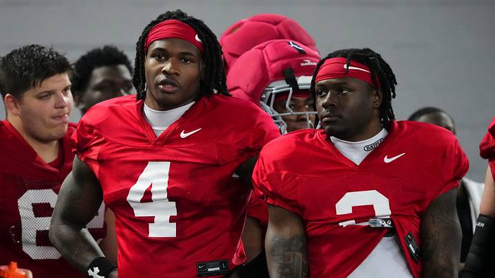Ohio State Buckeyes wide receiver Jeremiah Smith (4) talks to running back Legend Bey (2) during Student Appreciation Day spring practice at the Woody Hayes Athletic Center on April 4, 2026. Ohio State Buckeyes wide receiver Jeremiah Smith (4) talks to running back Legend Bey (2) during Student Appreciation Day spring practice at the Woody Hayes Athletic Center on April 4, 2026.
