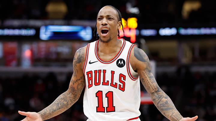 Mar 18, 2024; Chicago, Illinois, USA; Chicago Bulls forward DeMar DeRozan (11) reacts to a call during the first half of a basketball game against the Portland Trail Blazers at United Center. Mandatory Credit: Kamil Krzaczynski-USA TODAY Sports Mar 18, 2024; Chicago, Illinois, USA; Chicago Bulls forward DeMar DeRozan (11) reacts to a call during the first half of a basketball game against the Portland Trail Blazers at United Center. Mandatory Credit: Kamil Krzaczynski-USA TODAY Sports