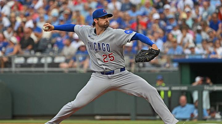 Aug 8, 2026; Kansas City, Missouri, USA;  Chicago Cubs starting pitcher Clay Holmes (25) throws a pitch in the first inning against the Kansas City Royals at Kauffman Stadium. Mandatory Credit: Peter Aiken-Imagn Images