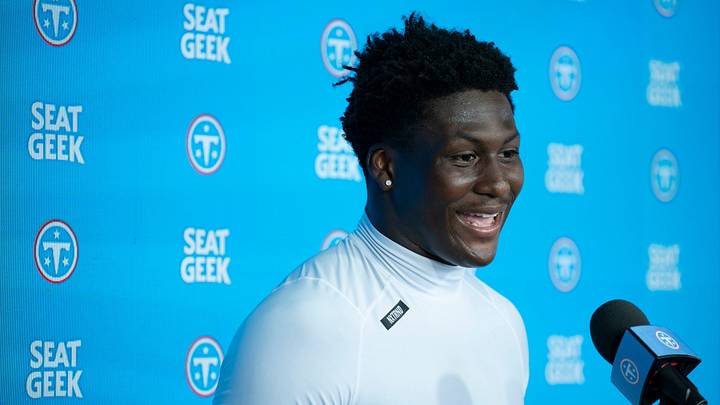 Tennessee Titans linebacker Anthony Hill Jr. (53) addresses the media during minicamp at Vanderbilt Health Football Center Tuesday, Aug. 4, 2026.