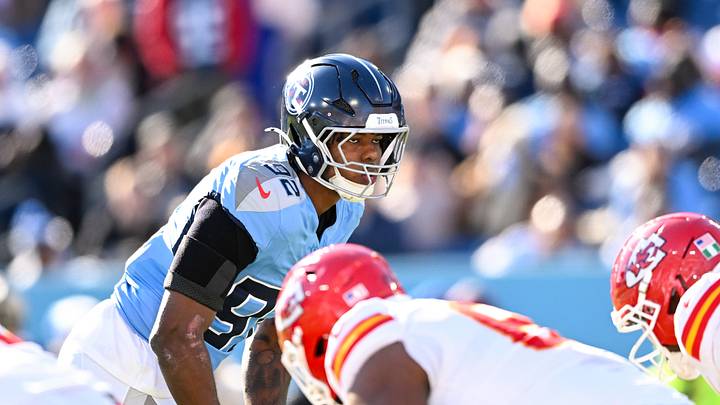 Dec 21, 2025; Nashville, Tennessee, USA; Tennessee Titans linebacker Jaylen Harrell (92) peaks into the backfield against the Kansas City Chiefs during the first half at Nissan Stadium. Mandatory Credit: Steve Roberts-Imagn Images Dec 21, 2025; Nashville, Tennessee, USA; Tennessee Titans linebacker Jaylen Harrell (92) peaks into the backfield against the Kansas City Chiefs during the first half at Nissan Stadium. Mandatory Credit: Steve Roberts-Imagn Images