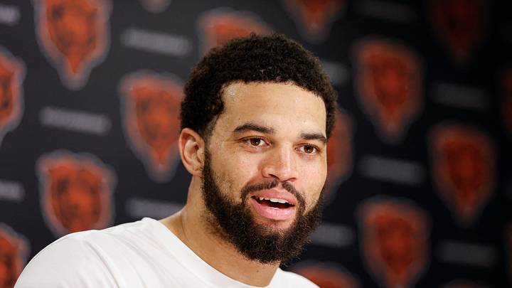Jun 11, 2026; Lake Forest, IL, USA; Chicago Bears quarterback Caleb Williams (18) speaks during Minicamp at Halas Hall. Mandatory Credit: Kamil Krzaczynski-Imagn Images