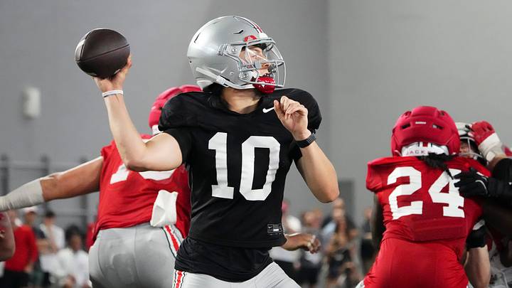 Ohio State Buckeyes quarterback Julian Sayin (10) throws during Student Appreciation Day spring practice at the Woody Hayes Athletic Center on April 4, 2026.