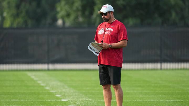 Ohio State Buckeyes head coach Ryan Day watches during the first practice of training camp at the Woody Hayes Athletic Center in Columbus on Aug. 6, 2026.