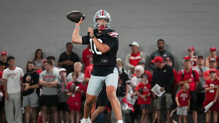 Ohio State Buckeyes quarterback Julian Sayin (10) looks to pass during football training camp inside the Woody Hayes Athletic Center in Columbus on Aug. 7, 2026. Ohio State Buckeyes quarterback Julian Sayin (10) looks to pass during football training camp inside the Woody Hayes Athletic Center in Columbus on Aug. 7, 2026.