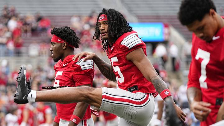 Wide receiver Chris Henry Jr. (15) warms up during the Ohio State football spring game at Ohio Stadium in Columbus on April 18, 2026. Wide receiver Chris Henry Jr. (15) warms up during the Ohio State football spring game at Ohio Stadium in Columbus on April 18, 2026.