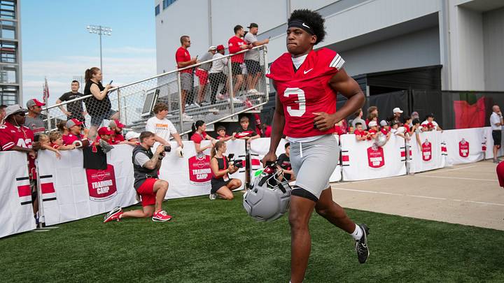 Ohio State Buckeyes wide receiver Devin McCuin (3) takes the field during the first practice of training camp at the Woody Hayes Athletic Center in Columbus on Aug. 6, 2026. Ohio State Buckeyes wide receiver Devin McCuin (3) takes the field during the first practice of training camp at the Woody Hayes Athletic Center in Columbus on Aug. 6, 2026.