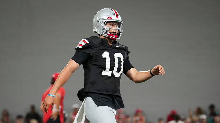 Ohio State Buckeyes quarterback Julian Sayin (10) practices during football training camp inside the Woody Hayes Athletic Center in Columbus on Aug. 7, 2026. Ohio State Buckeyes quarterback Julian Sayin (10) practices during football training camp inside the Woody Hayes Athletic Center in Columbus on Aug. 7, 2026.