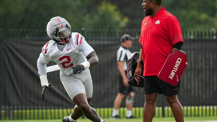 Ohio State Buckeyes defensive end Kenyatta Jackson Jr. (2) runs a drill during the first practice of training camp at the Woody Hayes Athletic Center in Columbus on Aug. 6, 2026. Ohio State Buckeyes defensive end Kenyatta Jackson Jr. (2) runs a drill during the first practice of training camp at the Woody Hayes Athletic Center in Columbus on Aug. 6, 2026.
