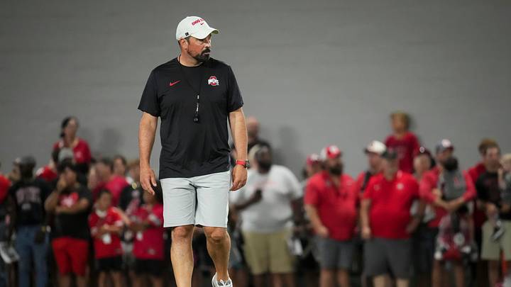Ohio State Buckeyes head coach Ryan Day watches during football training camp inside the Woody Hayes Athletic Center in Columbus on Aug. 7, 2026. Ohio State Buckeyes head coach Ryan Day watches during football training camp inside the Woody Hayes Athletic Center in Columbus on Aug. 7, 2026.