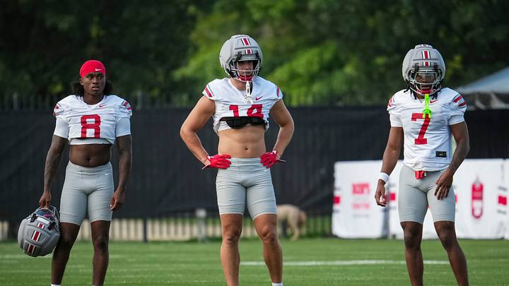 Ohio State Buckeyes safety Jaylen McClain (8), linebacker Christian Alliegro (14) and cornerback Jermaine Mathews Jr. (7) line up during the first practice of training camp at the Woody Hayes Athletic Center in Columbus on Aug. 6, 2026. Ohio State Buckeyes safety Jaylen McClain (8), linebacker Christian Alliegro (14) and cornerback Jermaine Mathews Jr. (7) line up during the first practice of training camp at the Woody Hayes Athletic Center in Columbus on Aug. 6, 2026.