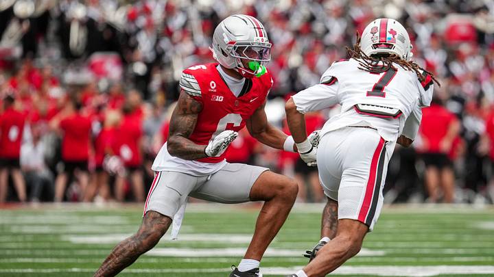 Ohio State Buckeyes cornerback Devin Sanchez (6) defends Ball State Cardinals wide receiver CJ Nelson (7) during the NCAA football game at Ohio Stadium in Columbus on Sept. 5, 2026. Ohio State Buckeyes cornerback Devin Sanchez (6) defends Ball State Cardinals wide receiver CJ Nelson (7) during the NCAA football game at Ohio Stadium in Columbus on Sept. 5, 2026.