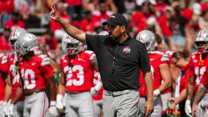 Ohio State Buckeyes head coach Ryan Day leads warm ups prior to the NCAA football game at Ohio Stadium in Columbus on Sept. 5, 2026. Ohio State Buckeyes head coach Ryan Day leads warm ups prior to the NCAA football game at Ohio Stadium in Columbus on Sept. 5, 2026.