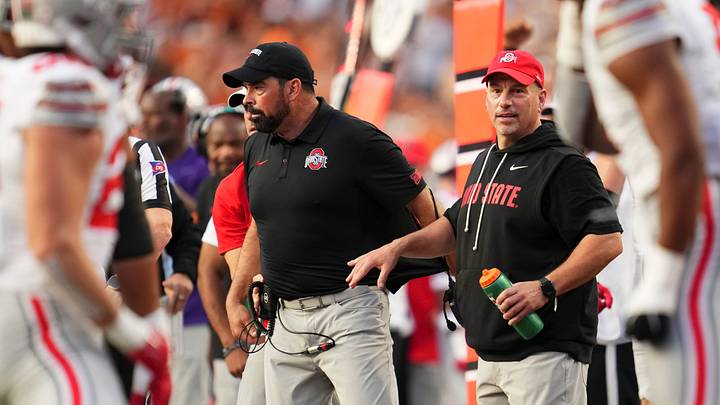 Ohio State Buckeyes head coach Ryan Day is held back on the sideline during the NCAA football game against the Texas Longhorns at Darrell K Royal–Texas Memorial Stadium in Austin, Texas on Sept. 12, 2026. Texas won 24-23. Ohio State Buckeyes head coach Ryan Day is held back on the sideline during the NCAA football game against the Texas Longhorns at Darrell K Royal–Texas Memorial Stadium in Austin, Texas on Sept. 12, 2026. Texas won 24-23.