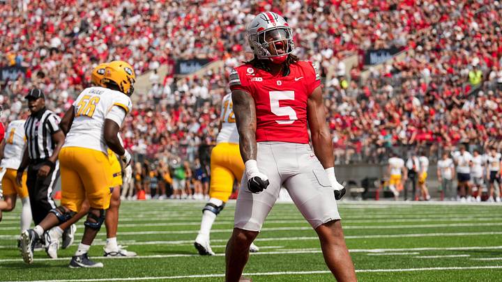 Ohio State Buckeyes linebacker Riley Pettijohn (5) celebrates during the NCAA football game against the Kent State Golden Flashes at Ohio Stadium in Columbus on Sept. 19, 2026. Ohio State won 59-3. Ohio State Buckeyes linebacker Riley Pettijohn (5) celebrates during the NCAA football game against the Kent State Golden Flashes at Ohio Stadium in Columbus on Sept. 19, 2026. Ohio State won 59-3.