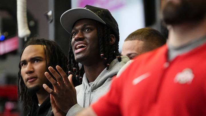 Mar 20, 2024; Columbus, Ohio, USA; Ohio State Buckeyes wide receiver Marvin Harrison Jr. and Houston Texans quarterback CJ Stroud watch players bench press during Pro Day at the Woody Hayes Athletic Center. Mar 20, 2024; Columbus, Ohio, USA; Ohio State Buckeyes wide receiver Marvin Harrison Jr. and Houston Texans quarterback CJ Stroud watch players bench press during Pro Day at the Woody Hayes Athletic Center.