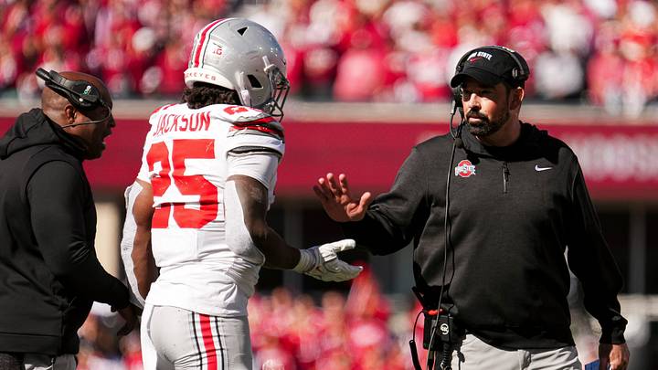 Ohio State Buckeyes head coach Ryan Day high fives running back Bo Jackson (25) during the NCAA football game against the Indiana Hoosiers at Memorial Stadium Stadium in Bloomington, Ind. on Oct. 17, 2026. Ohio State Buckeyes head coach Ryan Day high fives running back Bo Jackson (25) during the NCAA football game against the Indiana Hoosiers at Memorial Stadium Stadium in Bloomington, Ind. on Oct. 17, 2026.