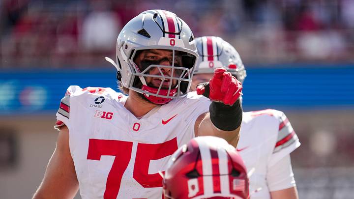 Ohio State Buckeyes offensive lineman Carson Hinzman (75) motions during the NCAA football game against the Indiana Hoosiers at Memorial Stadium Stadium in Bloomington, Ind. on Oct. 17, 2026. Ohio State Buckeyes offensive lineman Carson Hinzman (75) motions during the NCAA football game against the Indiana Hoosiers at Memorial Stadium Stadium in Bloomington, Ind. on Oct. 17, 2026.