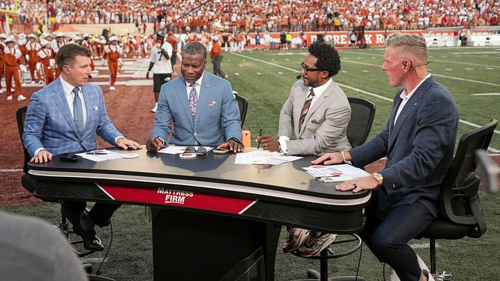 ESPN college football analysts, from left, Rece Davis, Joey Galloway, Desmond Howard and Pat McAfee broadcast from the sideline prior to the NCAA football game between the Texas Longhorns and the Ohio State Buckeyes at Darrell K Royal–Texas Memorial Stadium in Austin, Texas on Sept. 12, 2026. ESPN college football analysts, from left, Rece Davis, Joey Galloway, Desmond Howard and Pat McAfee broadcast from the sideline prior to the NCAA football game between the Texas Longhorns and the Ohio State Buckeyes at Darrell K Royal–Texas Memorial Stadium in Austin, Texas on Sept. 12, 2026.