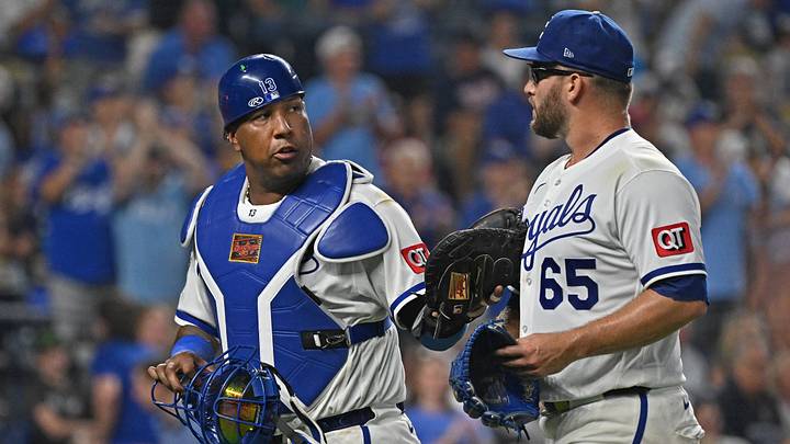 Aug 5, 2026; Kansas City, Missouri, USA; Kansas City Royals catcher Salvador Perez (13) talks with starting pitcher Noah Cameron (65), as they walk off the field in the eighth inning at Kauffman Stadium. Mandatory Credit: Peter Aiken-Imagn Images Aug 5, 2026; Kansas City, Missouri, USA; Kansas City Royals catcher Salvador Perez (13) talks with starting pitcher Noah Cameron (65), as they walk off the field in the eighth inning at Kauffman Stadium. Mandatory Credit: Peter Aiken-Imagn Images
