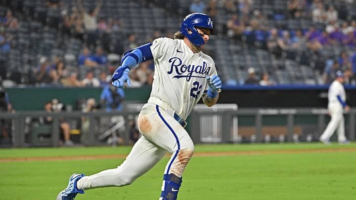 Sep 3, 2026; Kansas City, Missouri, USA; Kansas City Royals catcher Carter Jensen (22) runs up the first base line after hitting a double in the eighth inning against the Miami Marlins at Kauffman Stadium. Mandatory Credit: Peter Aiken-Imagn Images Sep 3, 2026; Kansas City, Missouri, USA; Kansas City Royals catcher Carter Jensen (22) runs up the first base line after hitting a double in the eighth inning against the Miami Marlins at Kauffman Stadium. Mandatory Credit: Peter Aiken-Imagn Images