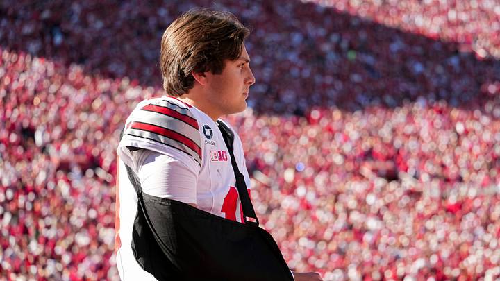 Julian Sayin was spotted in a sling after leaving Ohio State’s win over Indiana with an injury. Julian Sayin was spotted in a sling after leaving Ohio State’s win over Indiana with an injury.