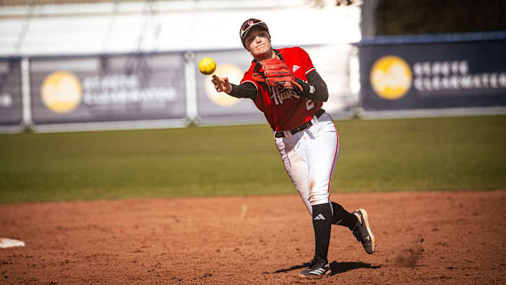 Nebraska softball infielder Lauren Camenzind makes a play against Mississippi State at the NFCA Leadoff Classic in Florida.