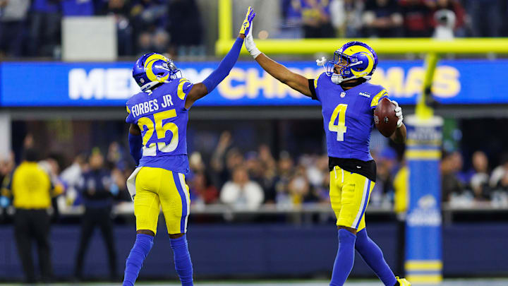 Los Angeles Rams cornerbacks Emmanuel Forbes (25) and Ahkello Witherspoon (4)