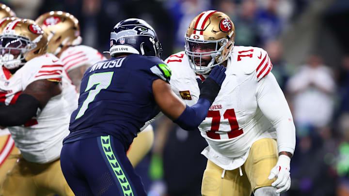 Jan 17, 2026; Seattle, WA, USA; San Francisco 49ers offensive tackle Trent Williams (71) blocks Seattle Seahawks linebacker Uchenna Nwosu (7) during the first half in an NFC Divisional Round game at Lumen Field. Mandatory Credit: Kevin Ng-Imagn Images Jan 17, 2026; Seattle, WA, USA; San Francisco 49ers offensive tackle Trent Williams (71) blocks Seattle Seahawks linebacker Uchenna Nwosu (7) during the first half in an NFC Divisional Round game at Lumen Field. Mandatory Credit: Kevin Ng-Imagn Images