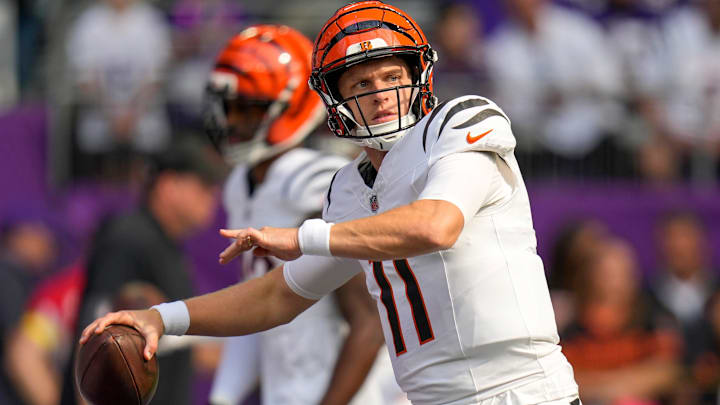 Cincinnati Bengals quarterback Brett Rypien (11) throws passes during warmups before the first quarter of the NFL Week 3 game between the Minnesota Vikings and the Cincinnati Bengals at U.S. Bank Stadium in Minneapolis on Sunday, Sept. 21, 2025.