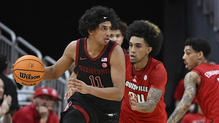 Mar 8, 2025; Louisville, Kentucky, USA; Stanford Cardinal guard Ryan Agarwal (11) dribbles against Louisville Cardinals guard Chucky Hepburn (24) during the second half at KFC Yum! Center. Louisville defeated Stanford 68-48. Mandatory Credit: Jamie Rhodes-Imagn Images Mar 8, 2025; Louisville, Kentucky, USA; Stanford Cardinal guard Ryan Agarwal (11) dribbles against Louisville Cardinals guard Chucky Hepburn (24) during the second half at KFC Yum! Center. Louisville defeated Stanford 68-48. Mandatory Credit: Jamie Rhodes-Imagn Images