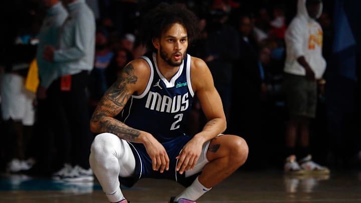 Apr 18, 2025; Memphis, Tennessee, USA; Dallas Mavericks center Dereck Lively II (2) stretches prior to the game against the Memphis Grizzlies at FedExForum. Mandatory Credit: Petre Thomas-Imagn Images
