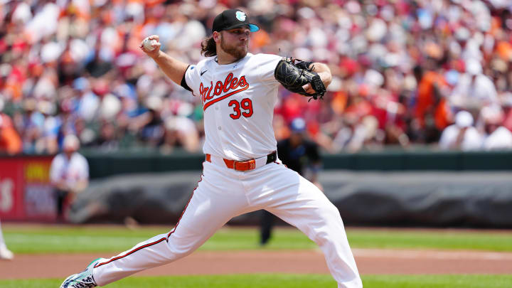 Jun 16, 2024; Baltimore, Maryland, USA; Baltimore Orioles pitcher Corbin Burnes (39) delivers a pitch against the Philadelphia Phillies during the first inning at Oriole Park at Camden Yards. Jun 16, 2024; Baltimore, Maryland, USA; Baltimore Orioles pitcher Corbin Burnes (39) delivers a pitch against the Philadelphia Phillies during the first inning at Oriole Park at Camden Yards.