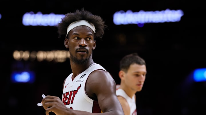Oct 13, 2024; Miami, Florida, USA; Miami Heat forward Jimmy Butler (22) looks on against the New Orleans Pelicans during the second quarter at Kaseya Center. Mandatory Credit: Sam Navarro-Imagn Images