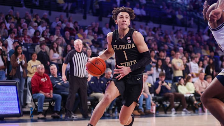 Mar 2, 2024; Atlanta, Georgia, USA; Florida State Seminoles guard Jalen Warley (1) drives to the basket against the Georgia Tech Yellow Jackets in the first half at McCamish Pavilion. Mandatory Credit: Brett Davis-Imagn Images Mar 2, 2024; Atlanta, Georgia, USA; Florida State Seminoles guard Jalen Warley (1) drives to the basket against the Georgia Tech Yellow Jackets in the first half at McCamish Pavilion. Mandatory Credit: Brett Davis-Imagn Images