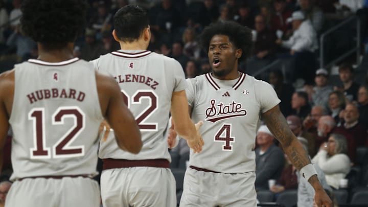Feb 18, 2025; Starkville, Mississippi, USA; Mississippi State Bulldogs forward Cameron Matthews (4) celebrates with forward RJ Melendez (22) during the first half against the Texas A&M Aggies at Humphrey Coliseum. Mandatory Credit: Petre Thomas-Imagn Images Feb 18, 2025; Starkville, Mississippi, USA; Mississippi State Bulldogs forward Cameron Matthews (4) celebrates with forward RJ Melendez (22) during the first half against the Texas A&M Aggies at Humphrey Coliseum. Mandatory Credit: Petre Thomas-Imagn Images