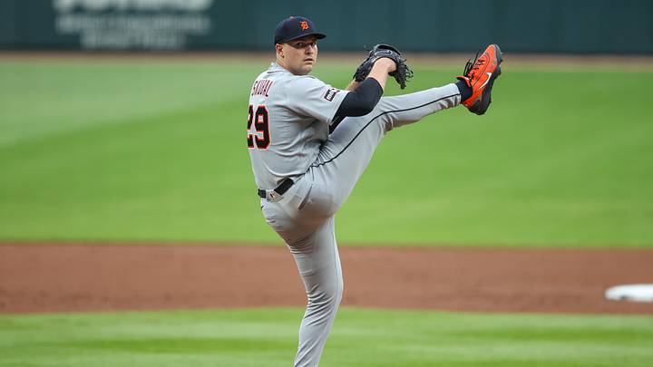 Apr 29, 2026; Atlanta, Georgia, USA; Detroit Tigers starting pitcher Tarik Skubal (29) throws against the Atlanta Braves in the first inning at Truist Park. Mandatory Credit: Brett Davis-Imagn Images