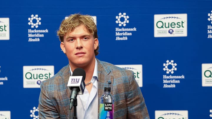 New York Giants first round draft pick, Jaxson Dart, takes questions from the media during his introduction press conference.