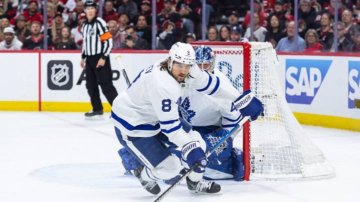 May 1, 2025; Ottawa, Ontario, CAN; Toronto Maple Leafs defenseman Christopher Tanev (8) chases the puck in game six of the first round of the 2025 Stanley Cup Playoffs against the Ottawa Senators at Canadian Tire Centre. Mandatory Credit: Marc DesRosiers-Imagn Images May 1, 2025; Ottawa, Ontario, CAN; Toronto Maple Leafs defenseman Christopher Tanev (8) chases the puck in game six of the first round of the 2025 Stanley Cup Playoffs against the Ottawa Senators at Canadian Tire Centre. Mandatory Credit: Marc DesRosiers-Imagn Images