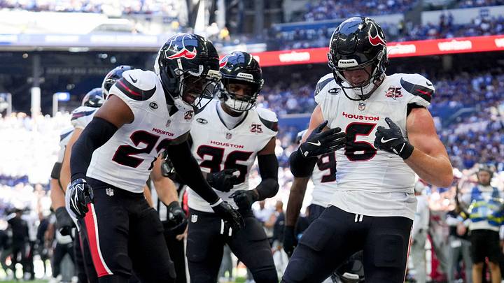Houston Texans safety Reed Blankenship (6) celebrates after making an interception Sunday, Sept. 27, 2026, during a game against the Indianapolis Colts at Lucas Oil Stadium in Indianapolis. Houston Texans safety Reed Blankenship (6) celebrates after making an interception Sunday, Sept. 27, 2026, during a game against the Indianapolis Colts at Lucas Oil Stadium in Indianapolis.
