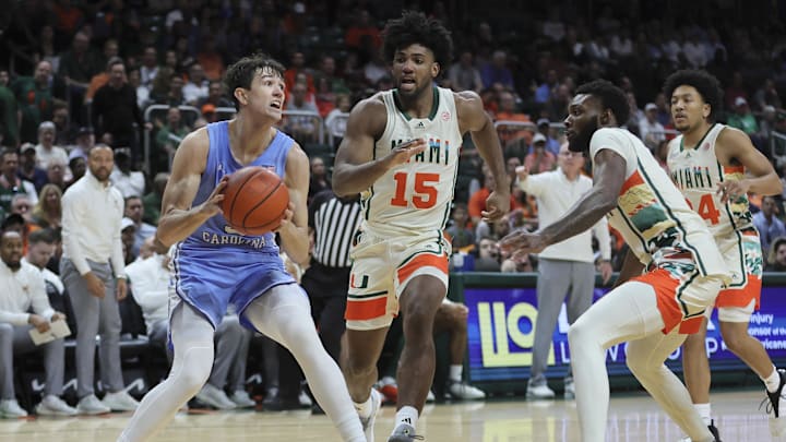 Feb 10, 2024; Coral Gables, Florida, USA; North Carolina Tar Heels guard Cormac Ryan (3) drives to