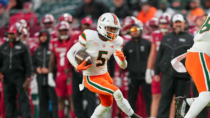 Sep 23, 2023; Philadelphia, Pennsylvania, USA; Miami Hurricanes wide receiver Ray Ray Joseph (5) picks up a first down in the fourth quarter against the Temple Owls at Lincoln Financial Field. Mandatory Credit: Andy Lewis-Imagn Images