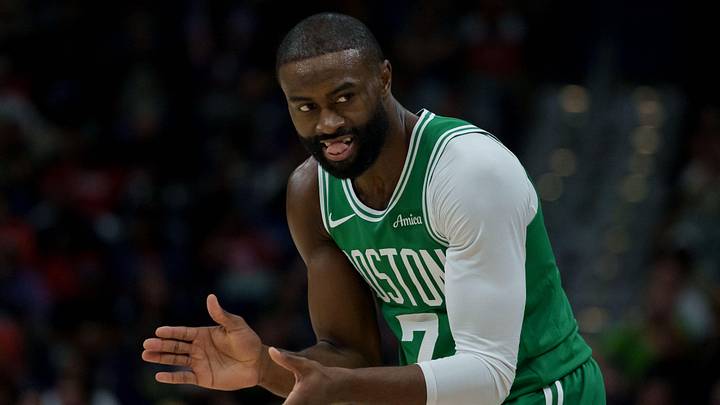 Oct 27, 2025; New Orleans, Louisiana, USA; Boston Celtics guard Jaylen Brown (7) reacts during the first half against the New Orleans Pelicans at Smoothie King Center. Mandatory Credit: Matthew Hinton-Imagn Images