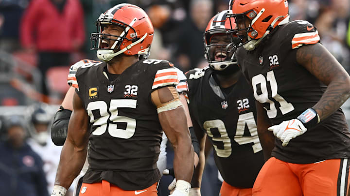 Dec 17, 2023; Cleveland, Ohio, USA; Cleveland Browns defensive end Myles Garrett (95) celebrates