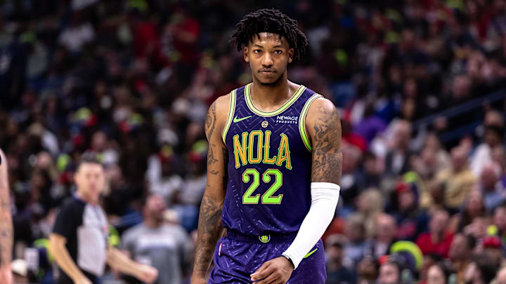 Nov 27, 2024; New Orleans, Louisiana, USA;  New Orleans Pelicans guard Elfrid Payton (22) looks on agains the Toronto Raptors during the second half at Smoothie King Center. Mandatory Credit: Stephen Lew-Imagn Images
